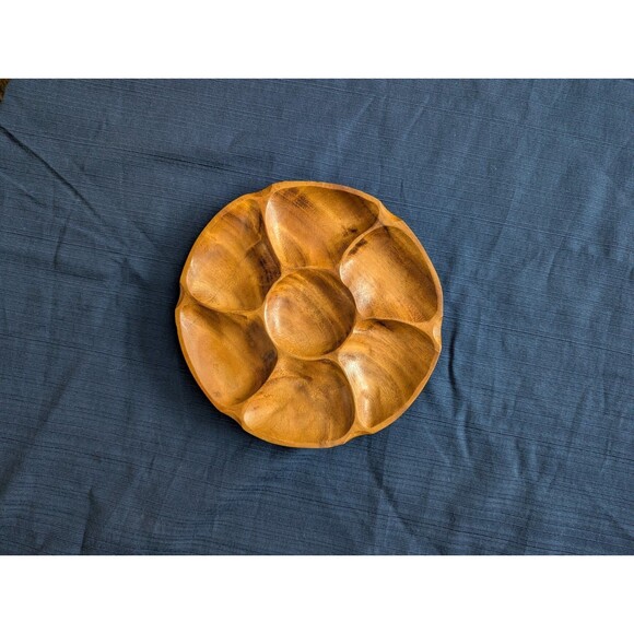 Hand Carved Solid Teak Wooden Divided Serving Dish Made in Thailand 1960s 1970s - Picture 2 of 5
